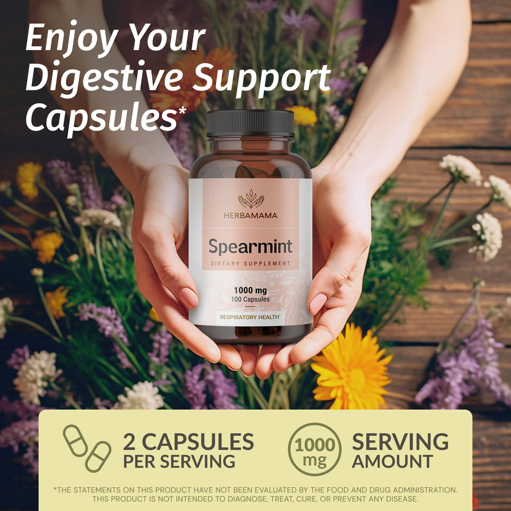 HERBAMAMA Spearmint capsules bottle back noting vegan, non-GMO formula.