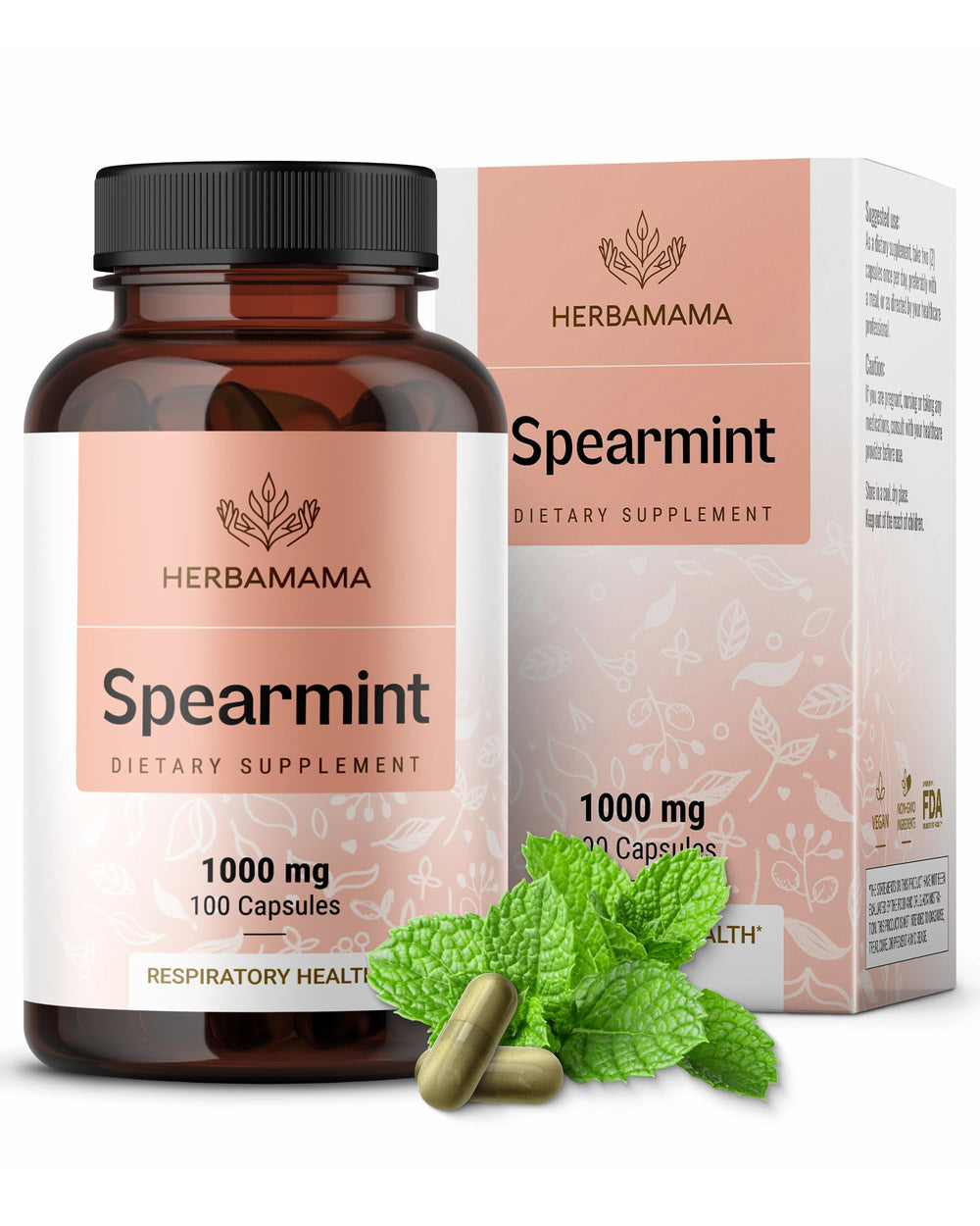 HERBAMAMA Spearmint capsules bottle front for easy daily digestive support.