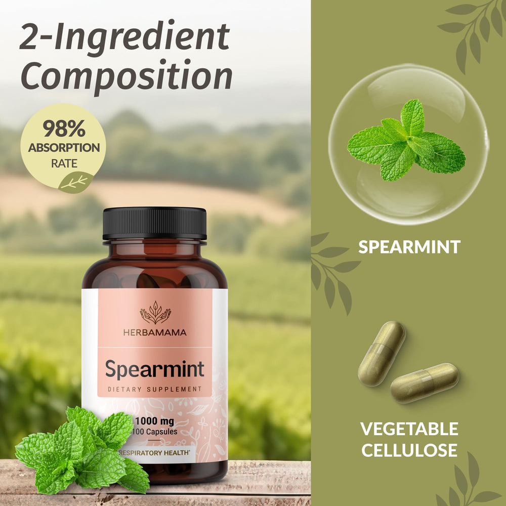 HERBAMAMA Spearmint capsules in hand for on-the-go digestion aid.