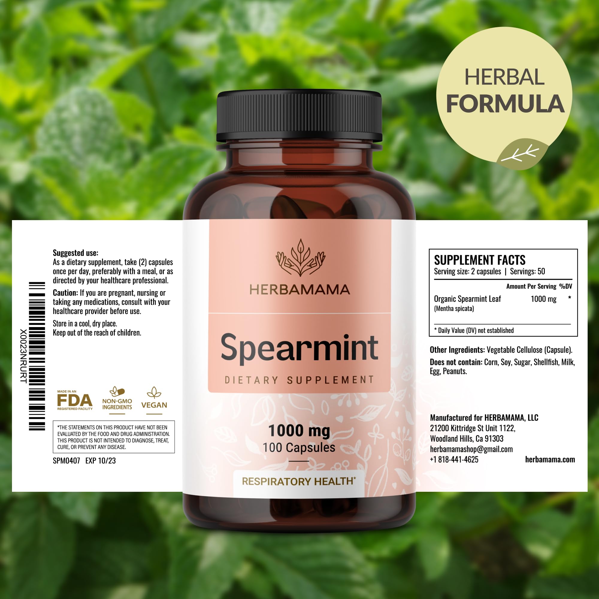 HERBAMAMA Spearmint capsules packaging on store shelf offering easy purchasing.