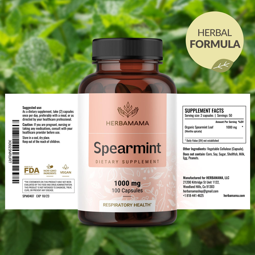 HERBAMAMA Spearmint capsules packaging on store shelf offering easy purchasing.