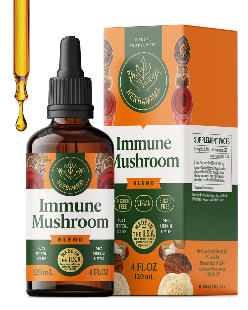 HERBAMAMA eight-mushroom bottle signals plant-based immune support potential.