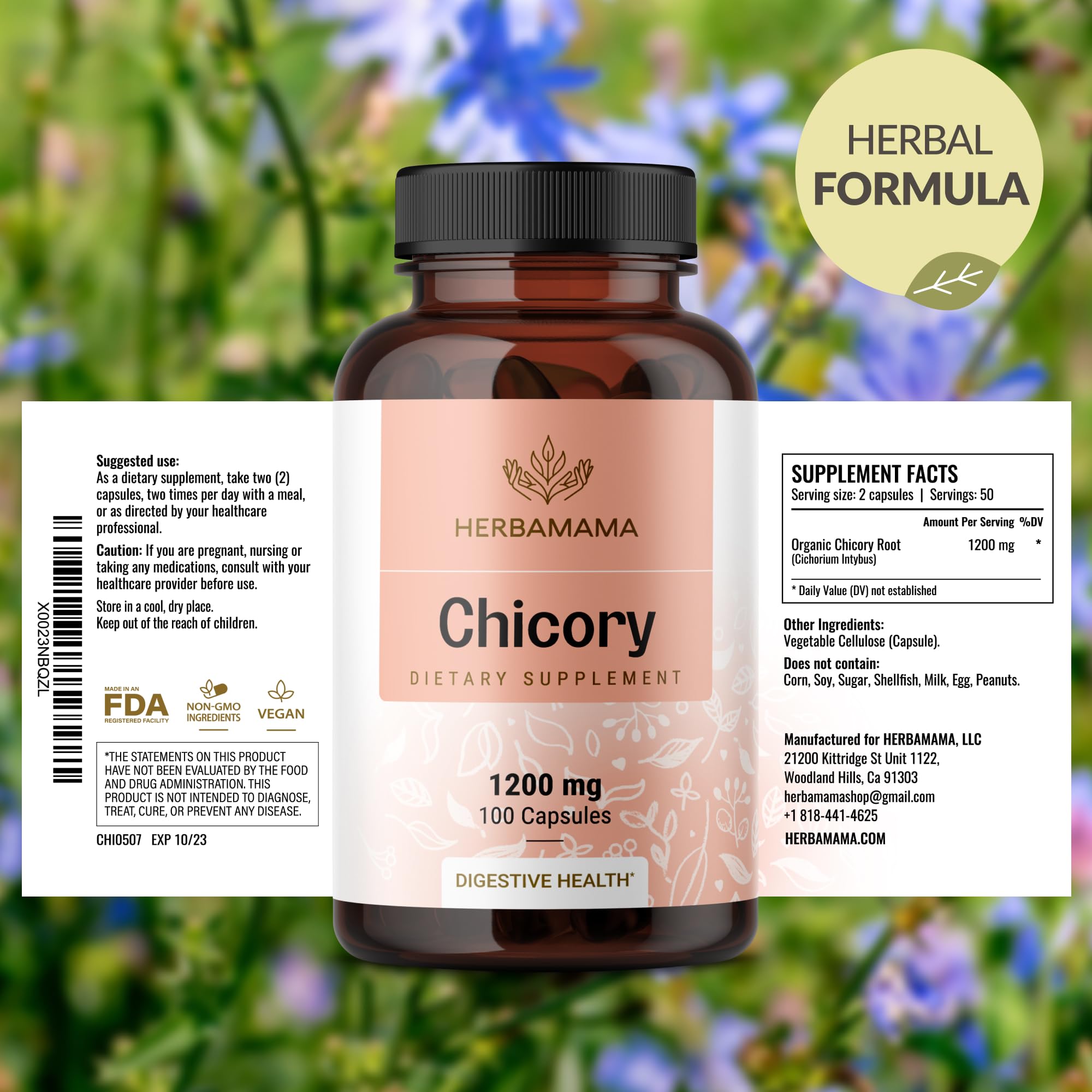 HERBAMAMA vegan non-GMO label emphasizes clean ingredients in capsules.