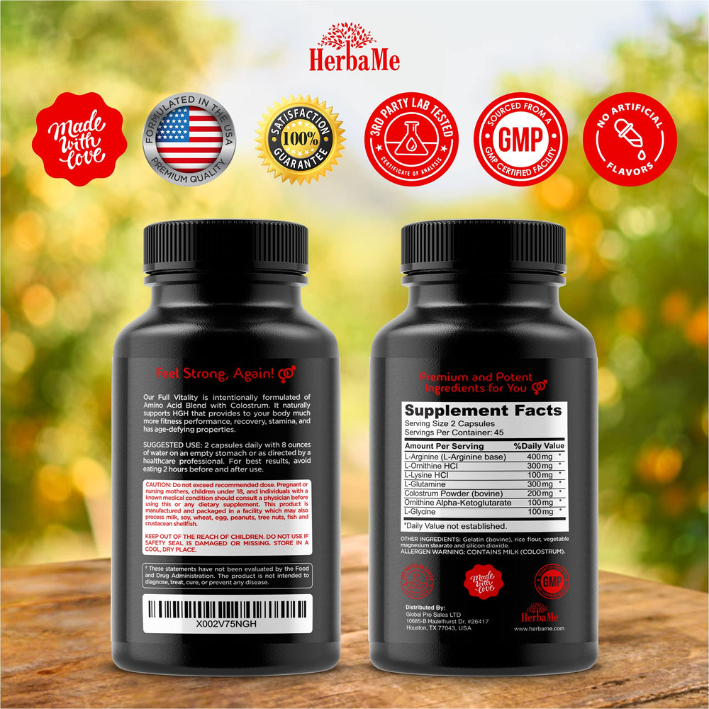 HerbaMe amino acid blend capsules on white for fitness support