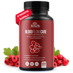 HerbaMe blood circulation bottle shows the daily leg-support supplement in action.