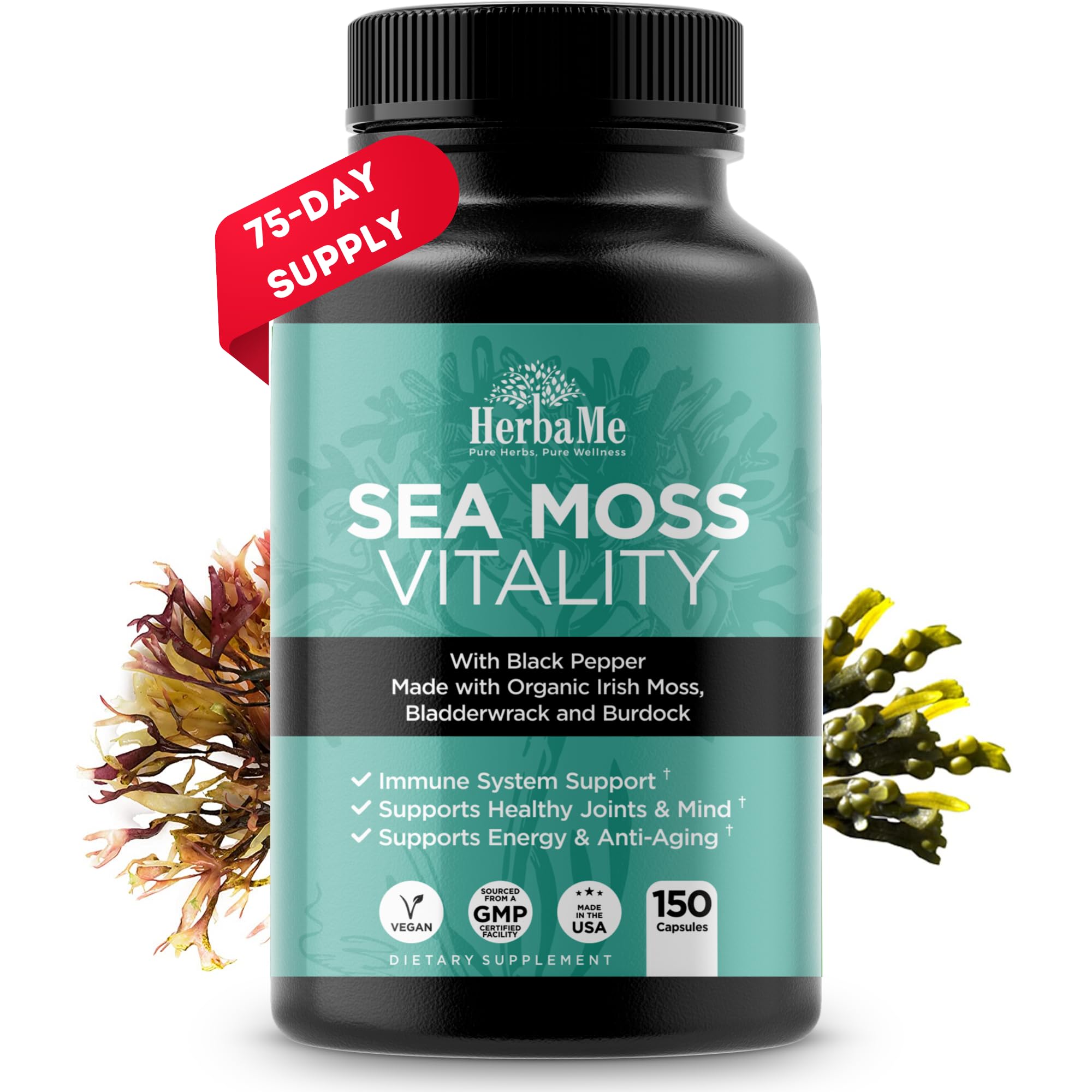 HerbaMe Irish Sea Moss bottle with label noting thyroid support and immune health.