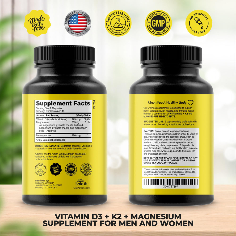 HerbaMe vitamin D3 K2 bottle promotes immune health and balance