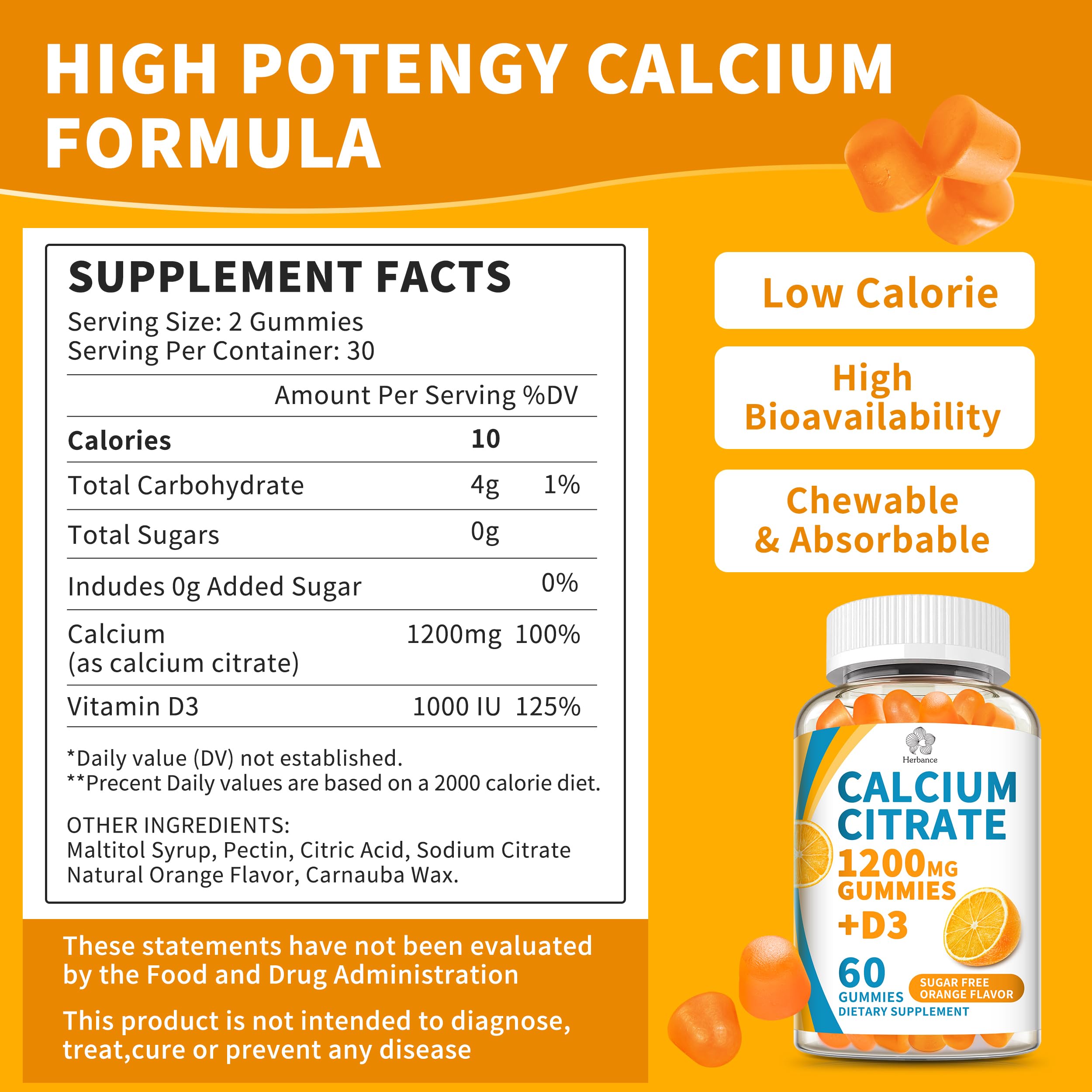 Herbance calcium citrate gummies close-up highlighting orange color and sugar-free formula.