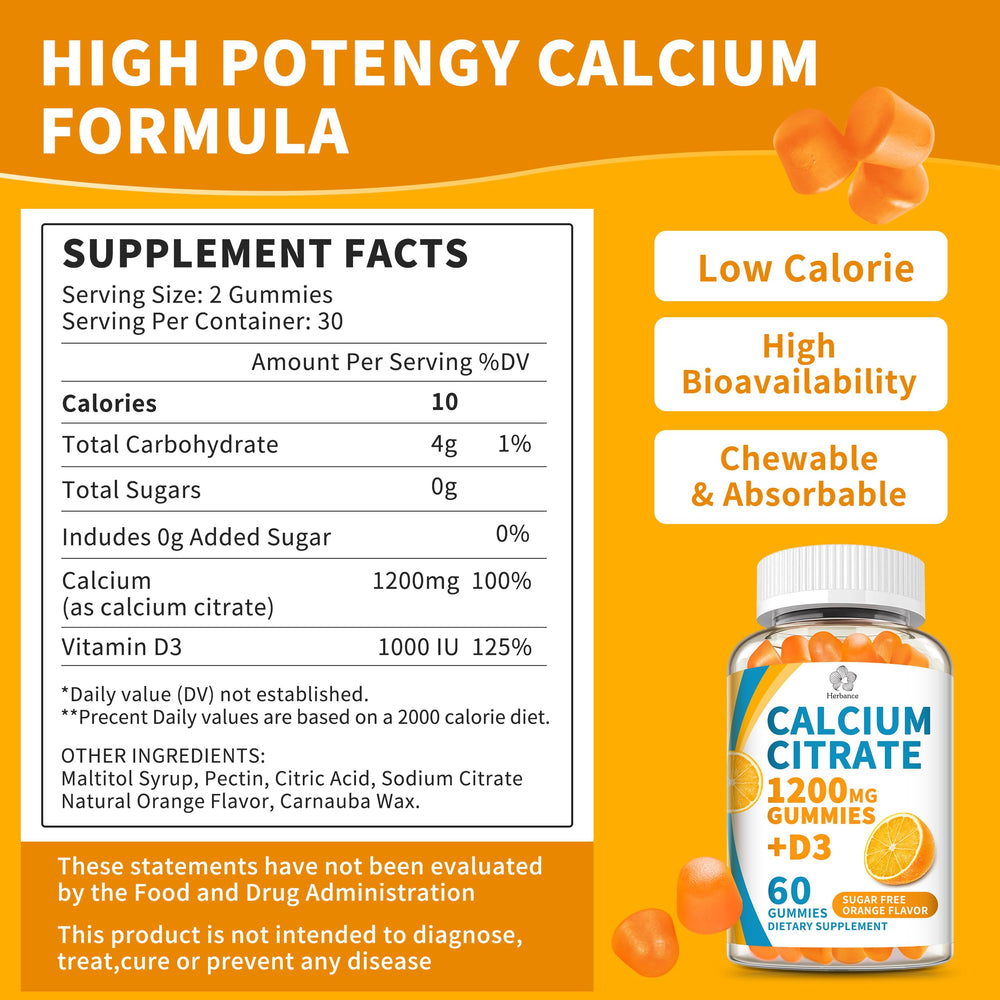 Herbance calcium citrate gummies close-up highlighting orange color and sugar-free formula.