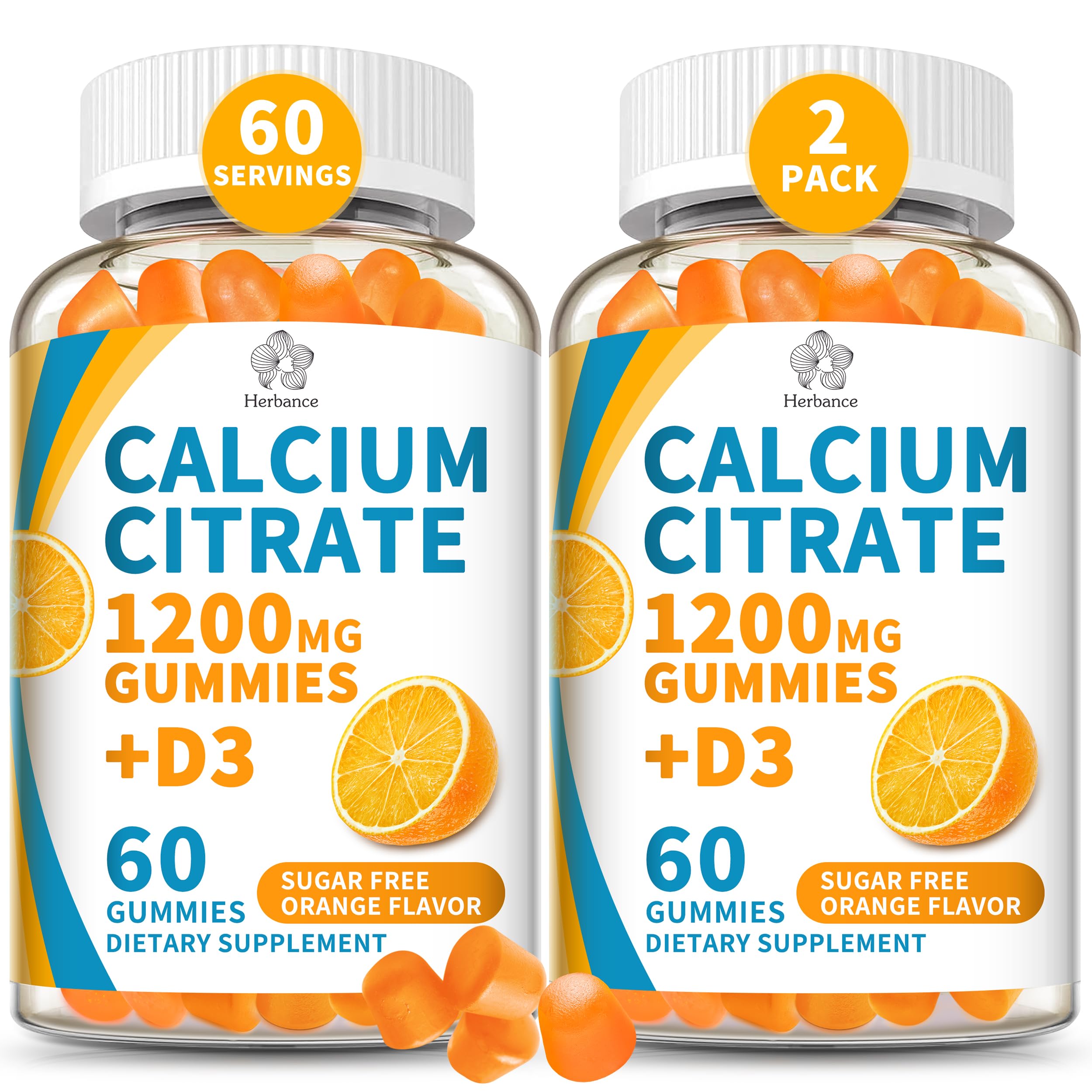 Herbance calcium citrate 1200 mg gummies bottle with orange flavor for daily bone support.