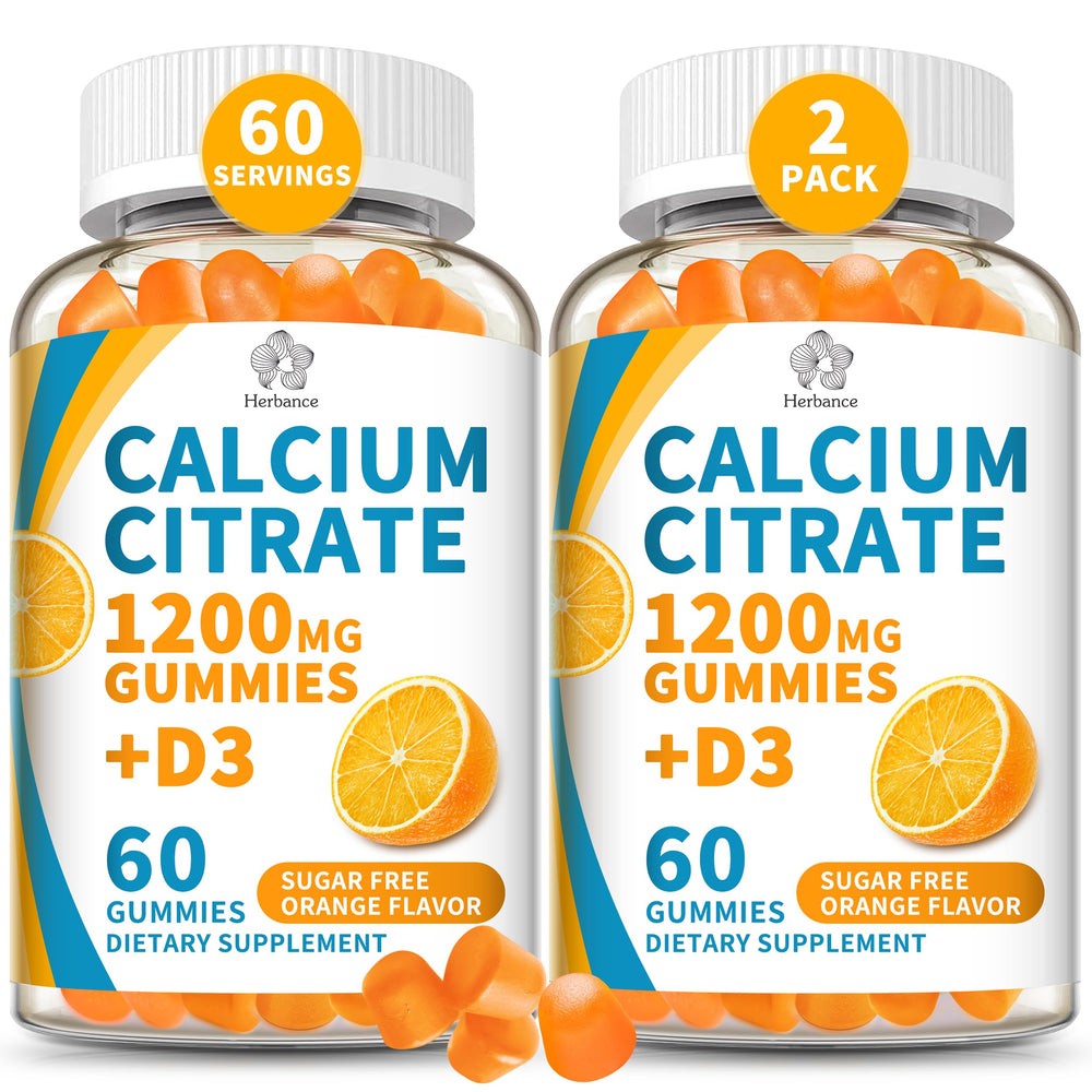 Herbance calcium citrate 1200 mg gummies bottle with orange flavor for daily bone support.