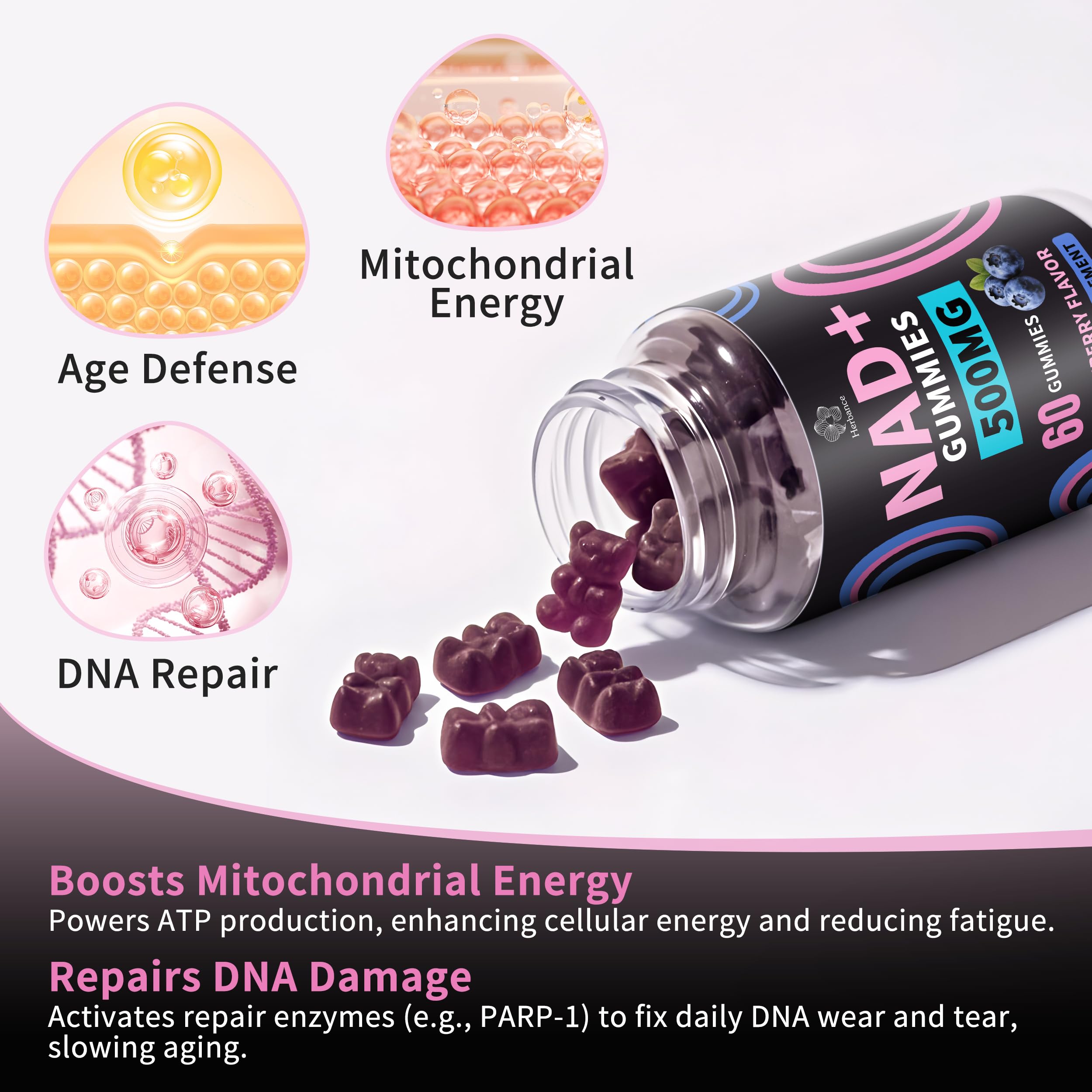 Herbance NAD+ Gummies daily-use scene showcasing blueberry flavor and chewable texture.