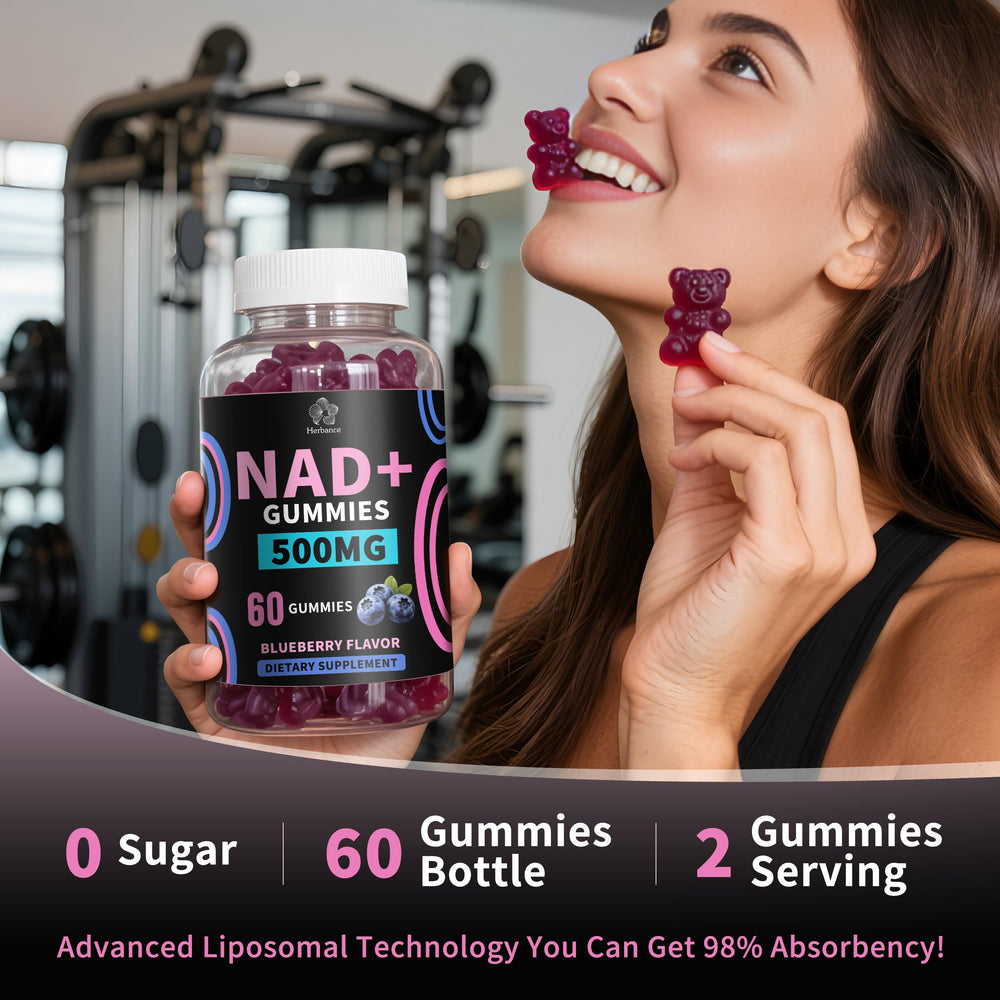 Herbance NAD+ Gummies ingredients panel notes sugar-free and non-GMO attributes.