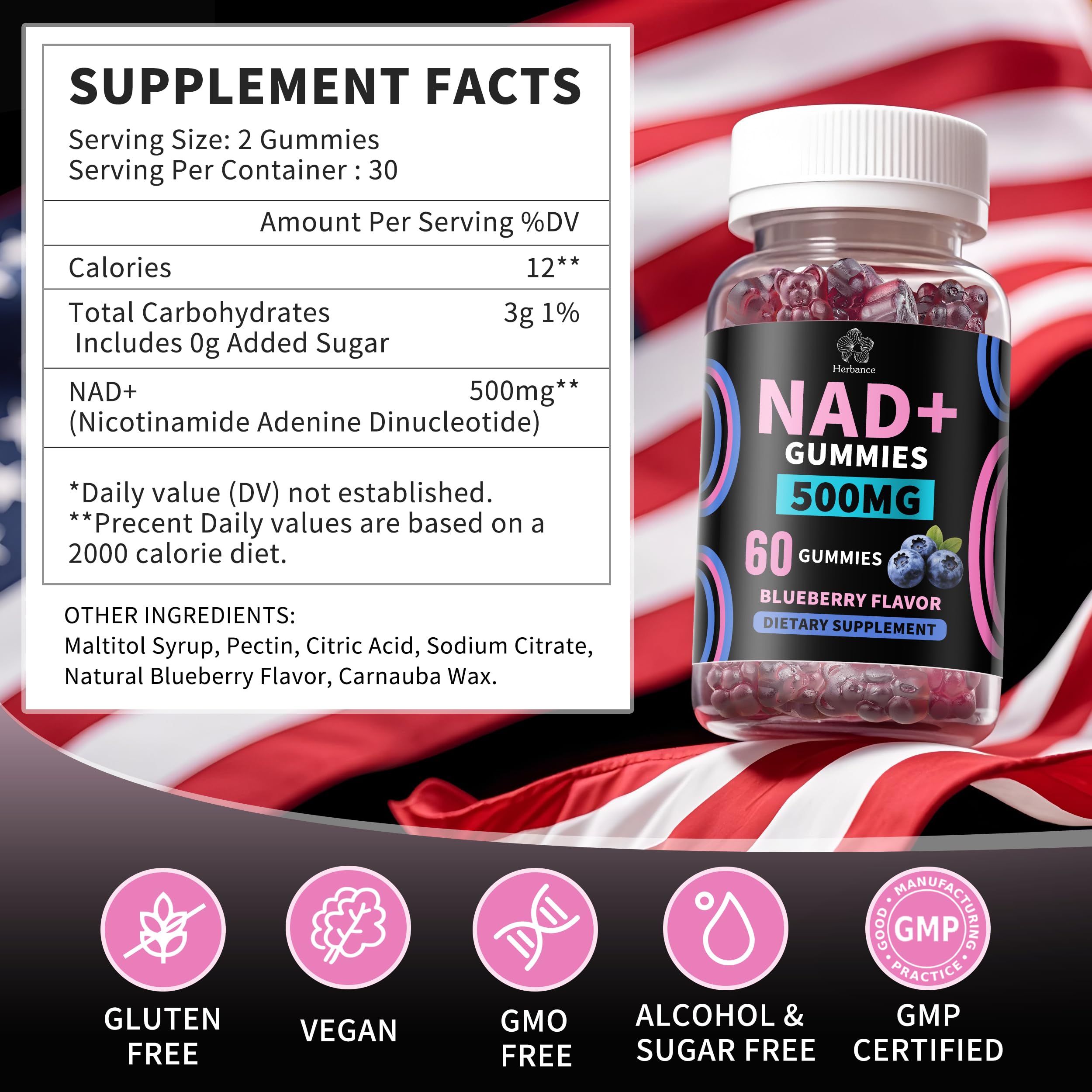 Herbance NAD+ Gummies label closeup showing 500mg per serving.