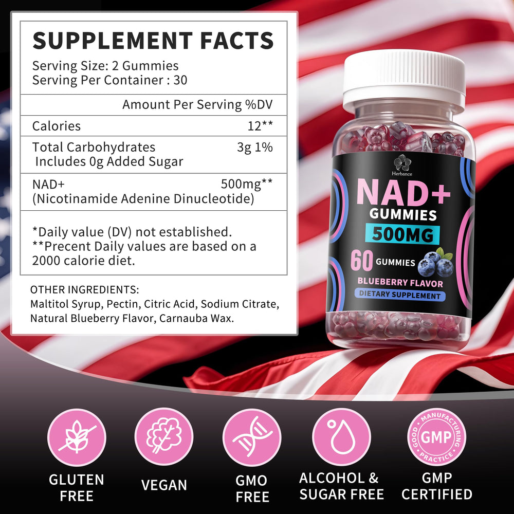 Herbance NAD+ Gummies label closeup showing 500mg per serving.