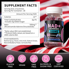 Herbance NAD+ Gummies label closeup showing 500mg per serving.