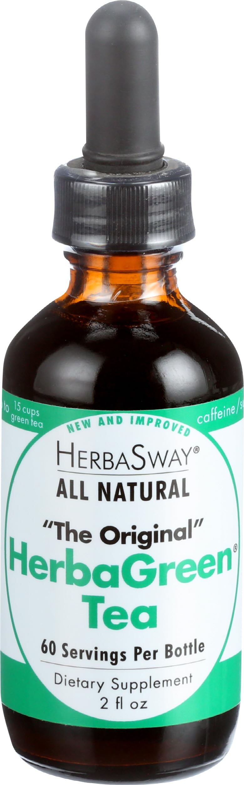HerbaSway HerbaGreen Tea Original bottle on kitchen counter, convenient decaf tea