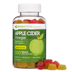 Herbatech Apple Cider Vinegar Gummies bottle shows a 100-count supply for daily digestion support