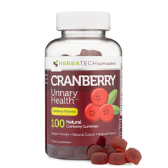 Herbatech Cranberry Gummies bottle highlighting vegan, gluten-free formula.