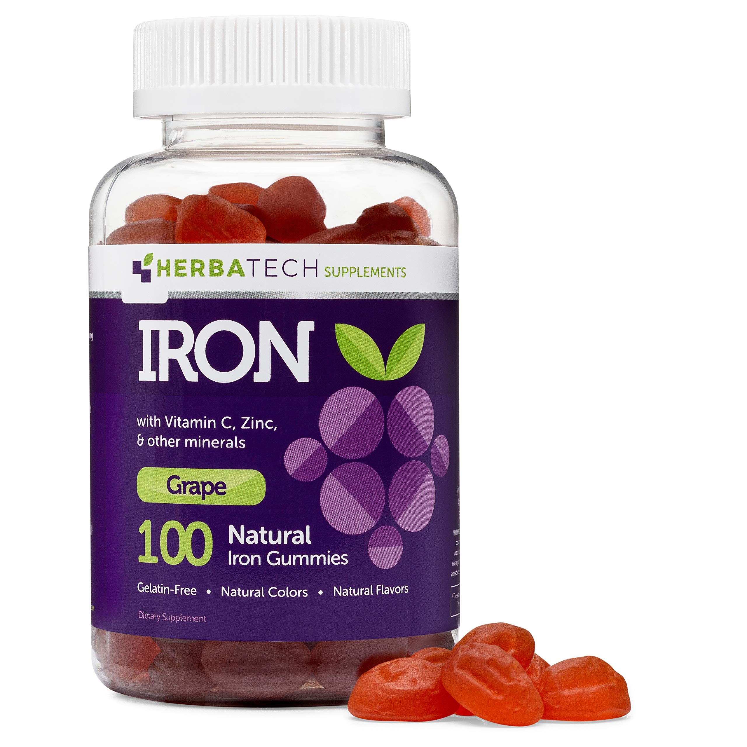 Herbatech Iron Gummies bottle with grape flavor for daily iron support.