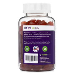 Herbatech Iron Gummies label close-up highlighting vegan and USA-made.