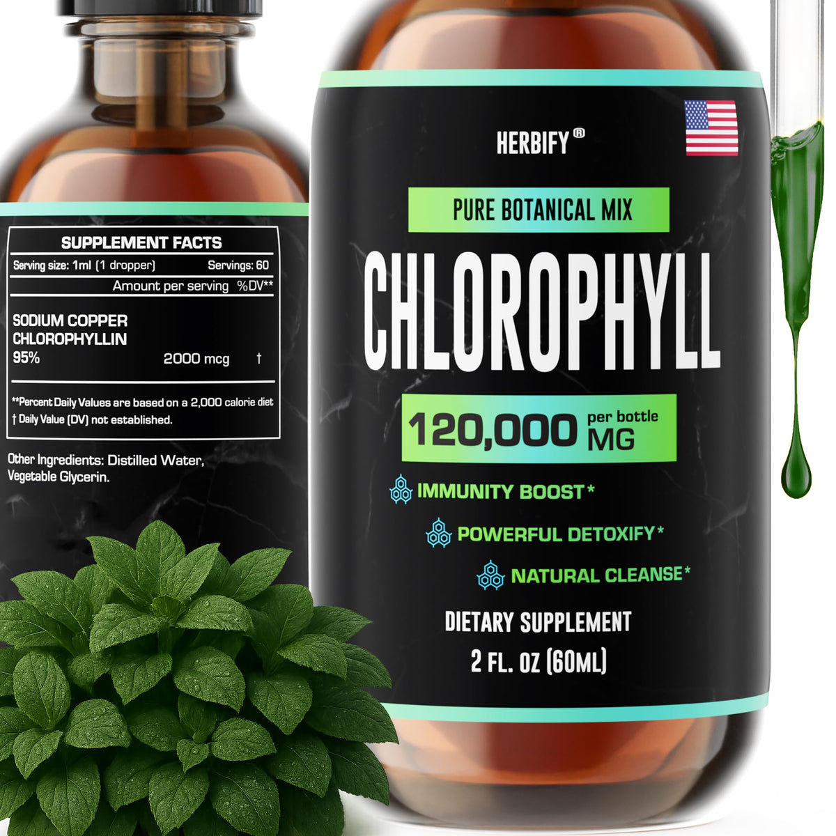 HERBIFY Chlorophyll Drops bottle pour demonstrates easy daily dosing for energy