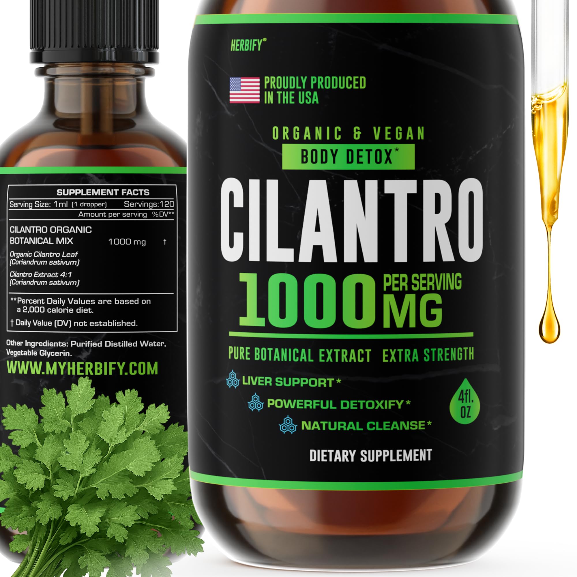HERBIFY Cilantro Tincture bottle with dropper for easy daily use and antioxidant support