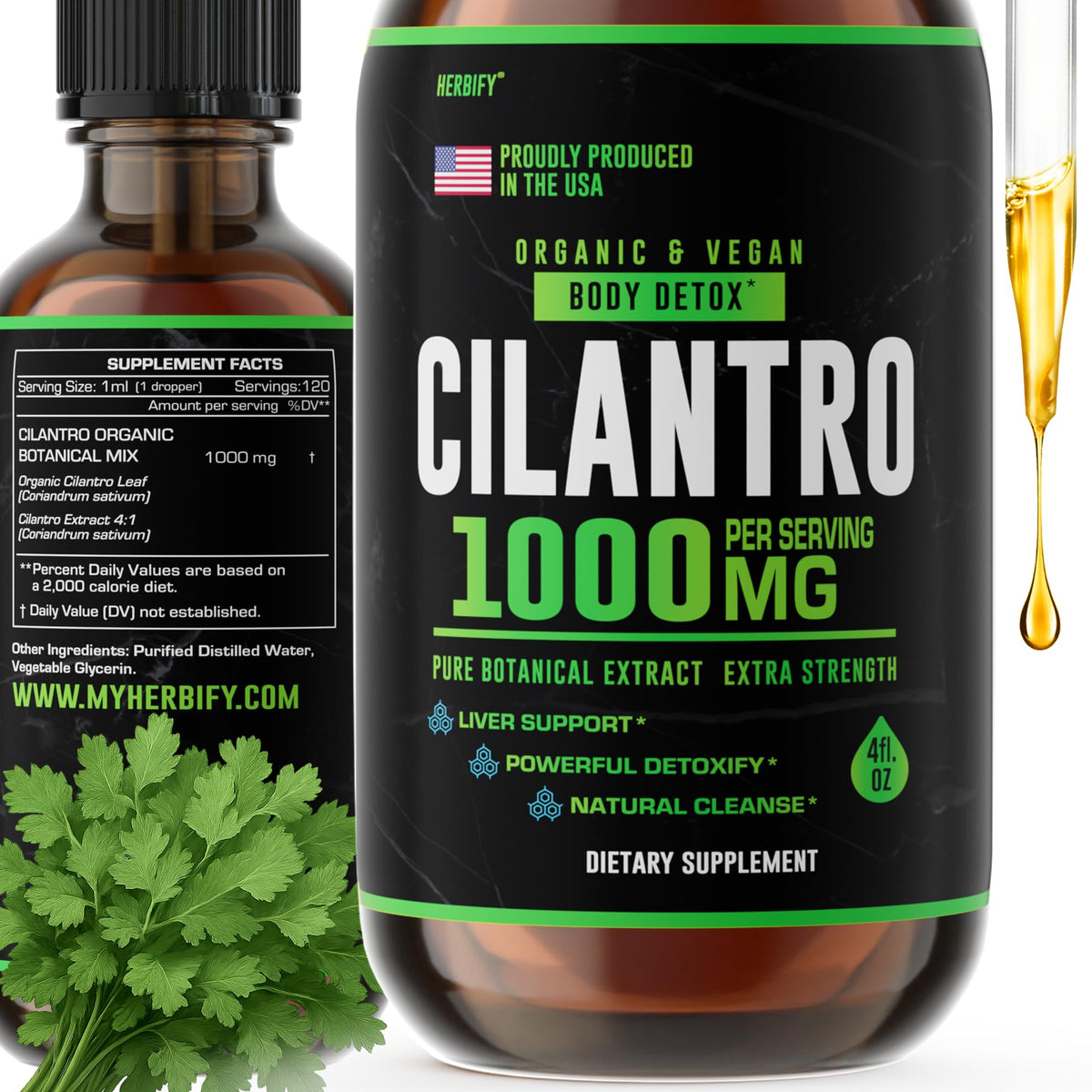 HERBIFY Cilantro Tincture bottle with dropper for easy daily use and antioxidant support