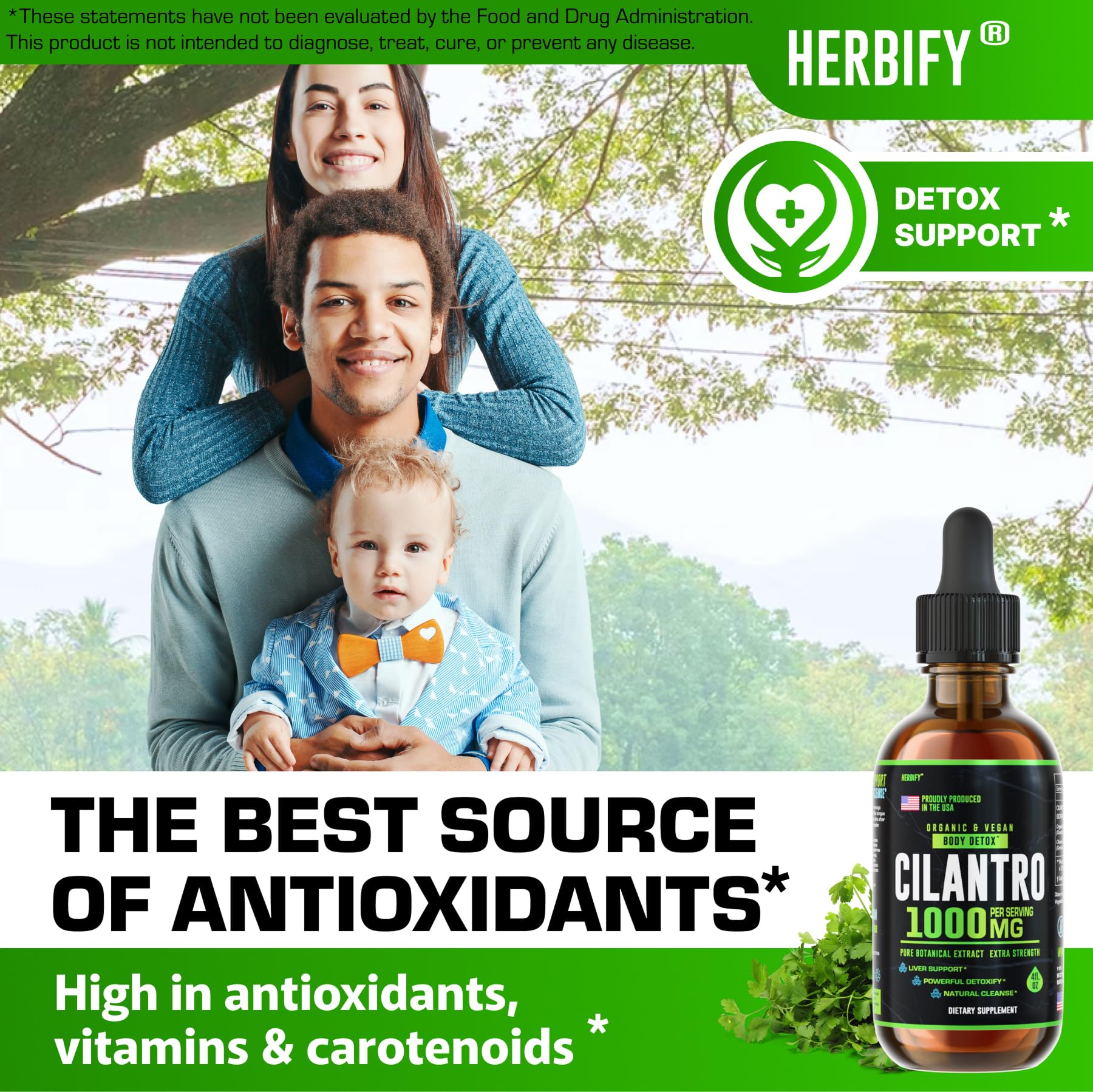 Label on HERBIFY Cilantro Tincture highlighting Made in USA