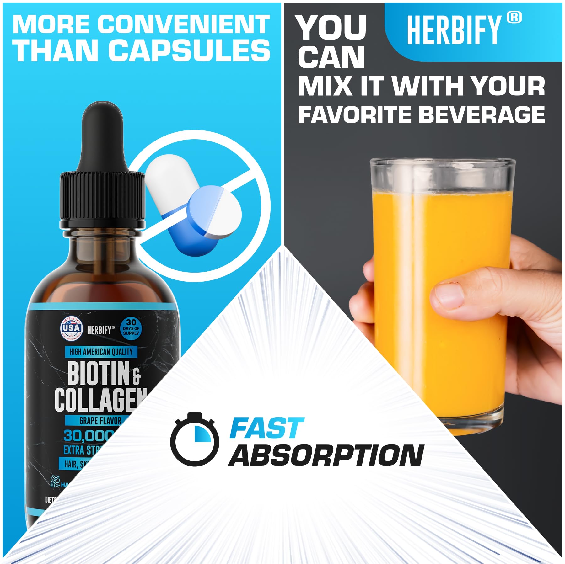 HERBIFY glass bottle closeup conveys premium liquid formula for hair and nails