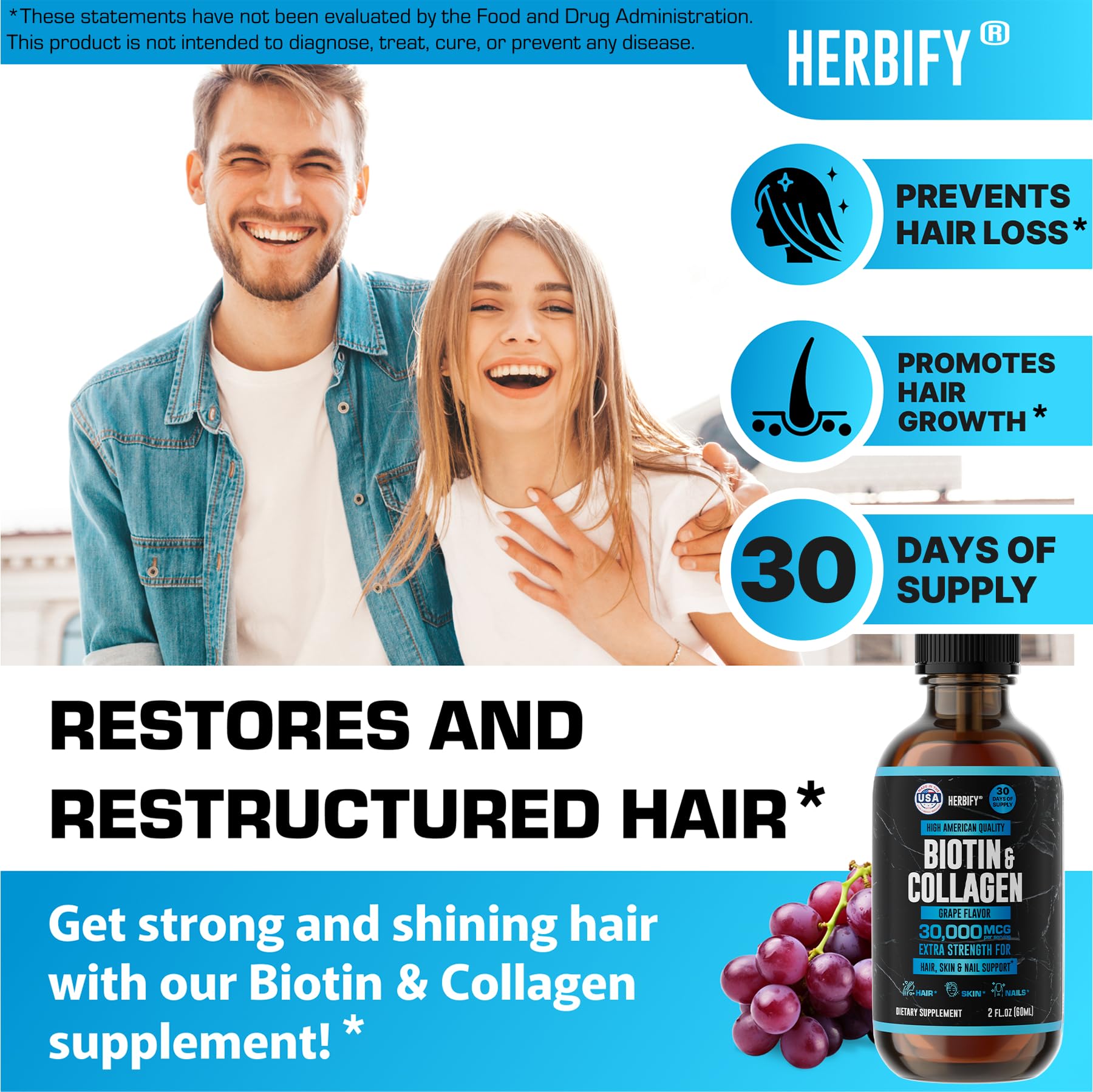 HERBIFY bottle label emphasizes USA-made quality and blended biotin with collagen