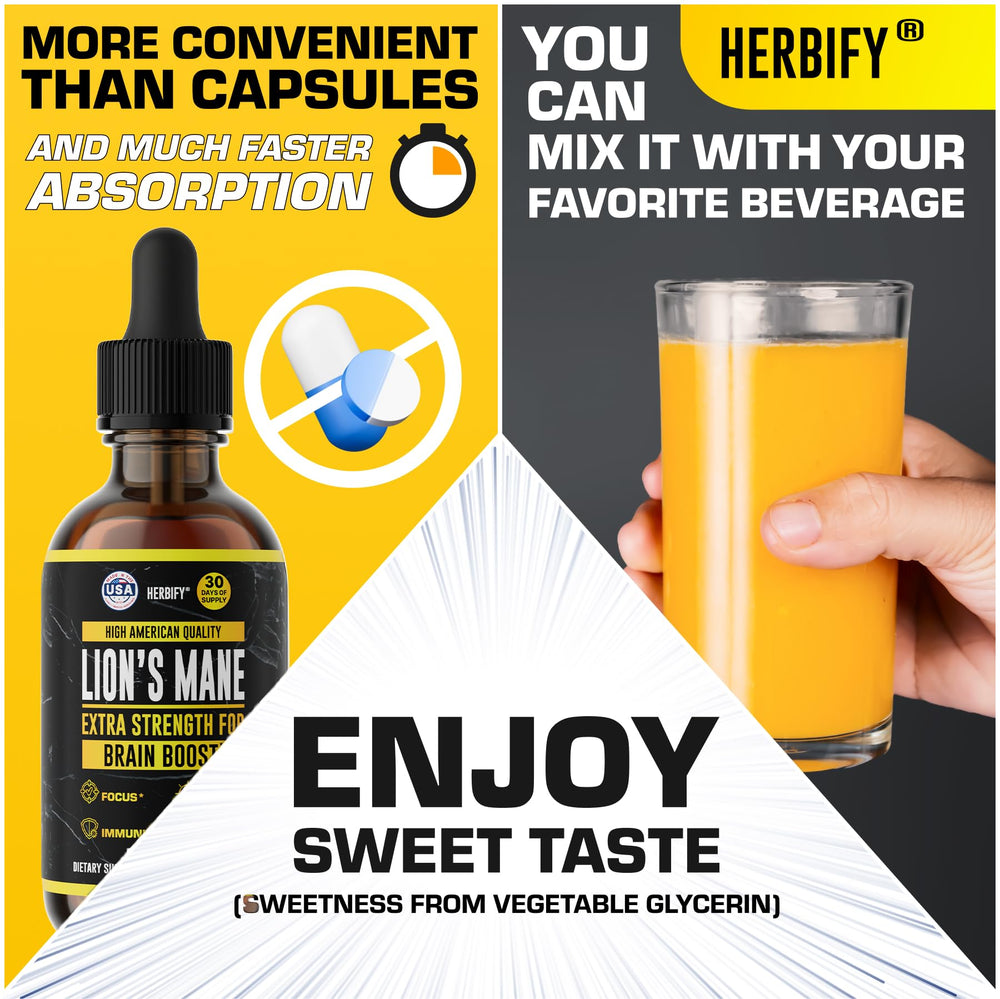 HERBIFY Lions Mane glass bottle close-up highlights natural extract for immune support