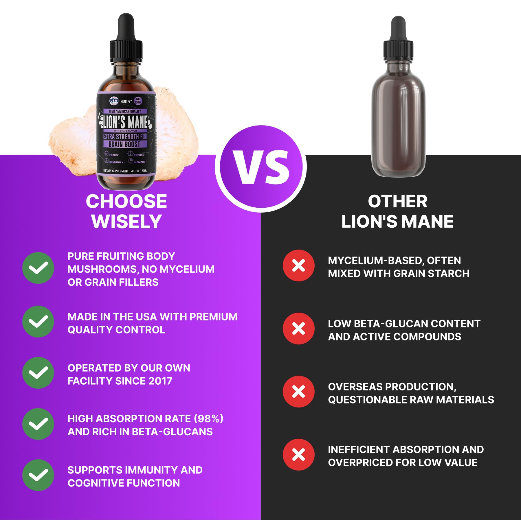 HERBIFY Lions Mane supports immune wellness and nerve health through liquid extract.
