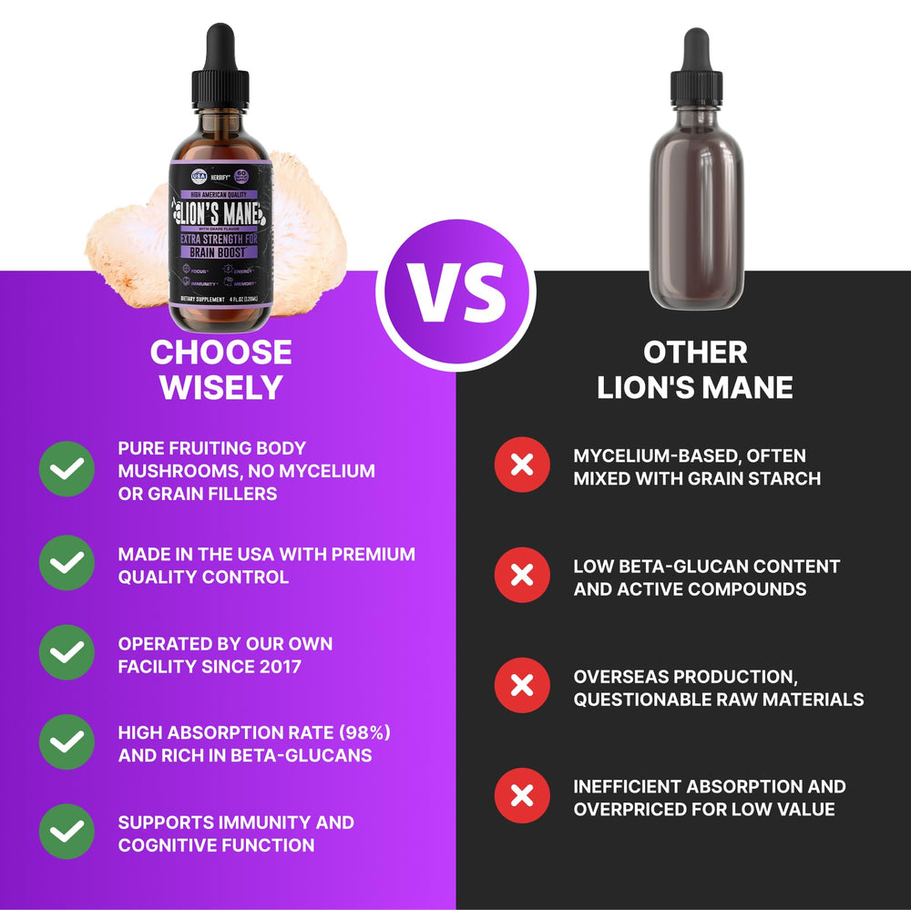 HERBIFY Lions Mane supports immune wellness and nerve health through liquid extract.