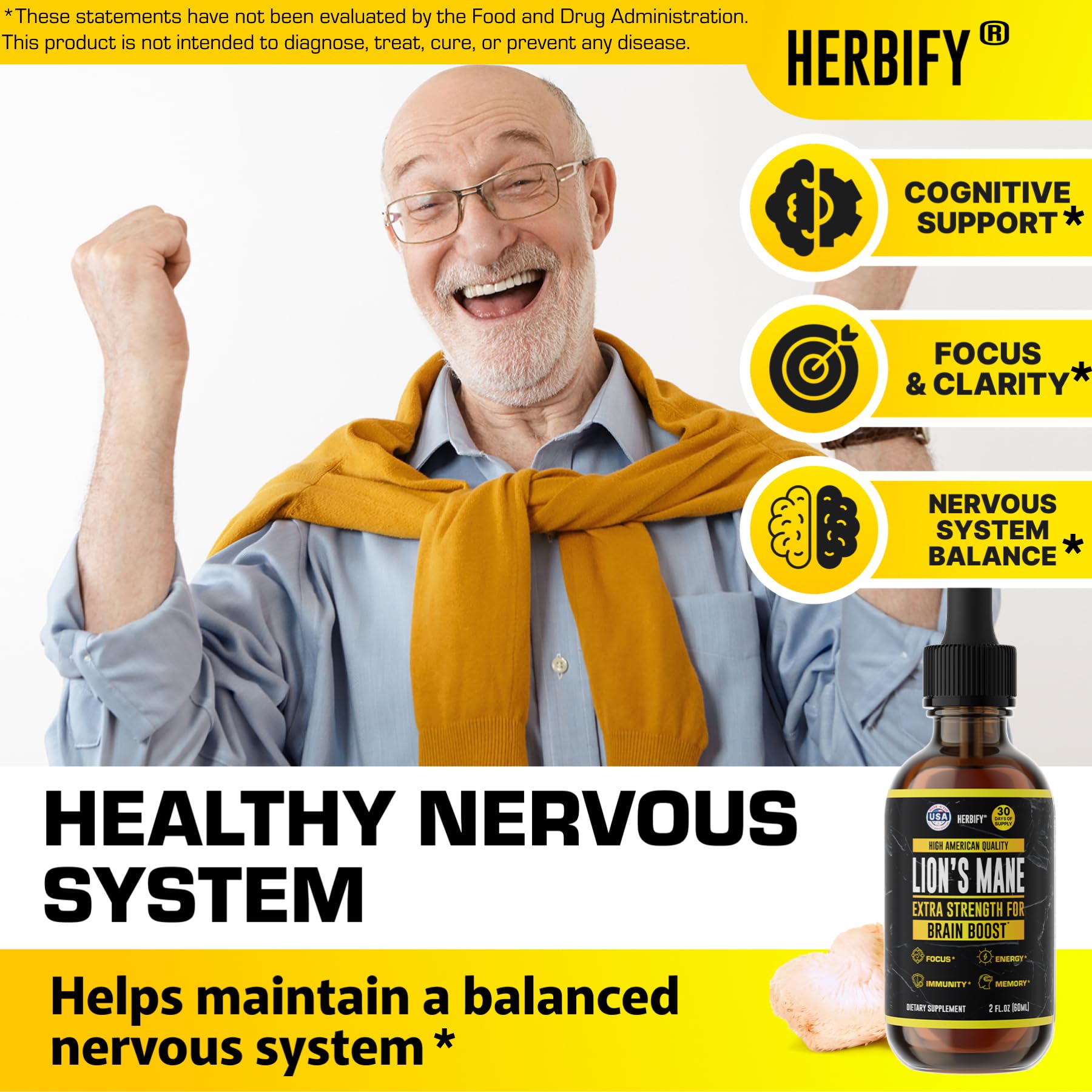 HERBIFY Lions Mane immune-support tincture bottle for daily wellness
