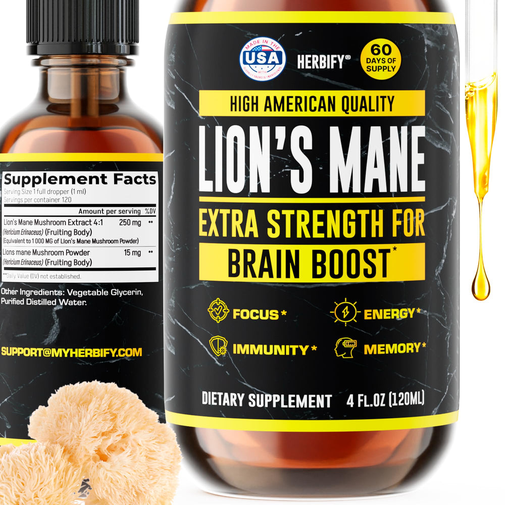 HERBIFY Lions Mane bottle front showing premium mushroom extract for focus.