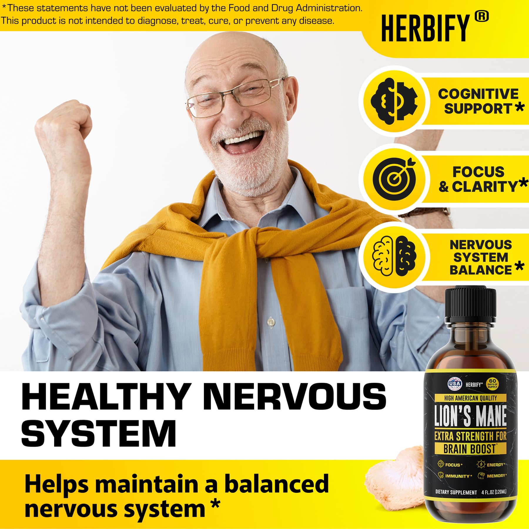 HERBIFY Lions Mane liquid drops ready to support mental clarity.
