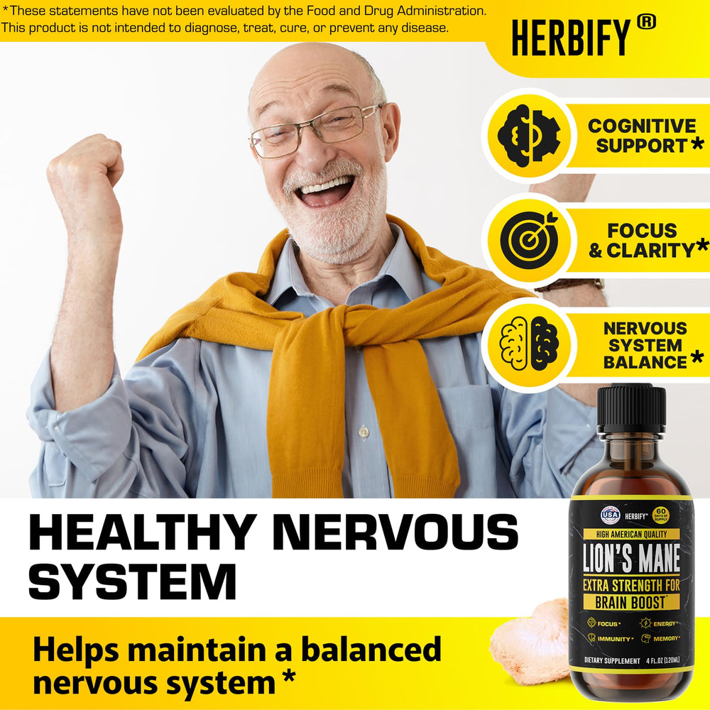 HERBIFY Lions Mane liquid drops ready to support mental clarity.