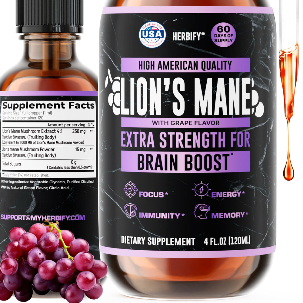 HERBIFY Lions Mane tincture 4oz bottle for daily focus and mental clarity.