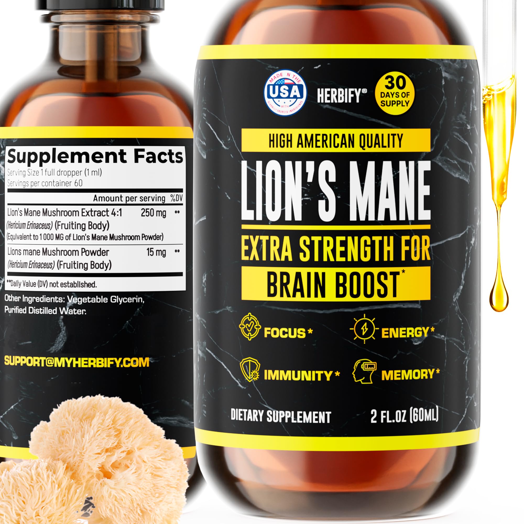 HERBIFY Lions Mane tincture bottle enhances focus and clarity