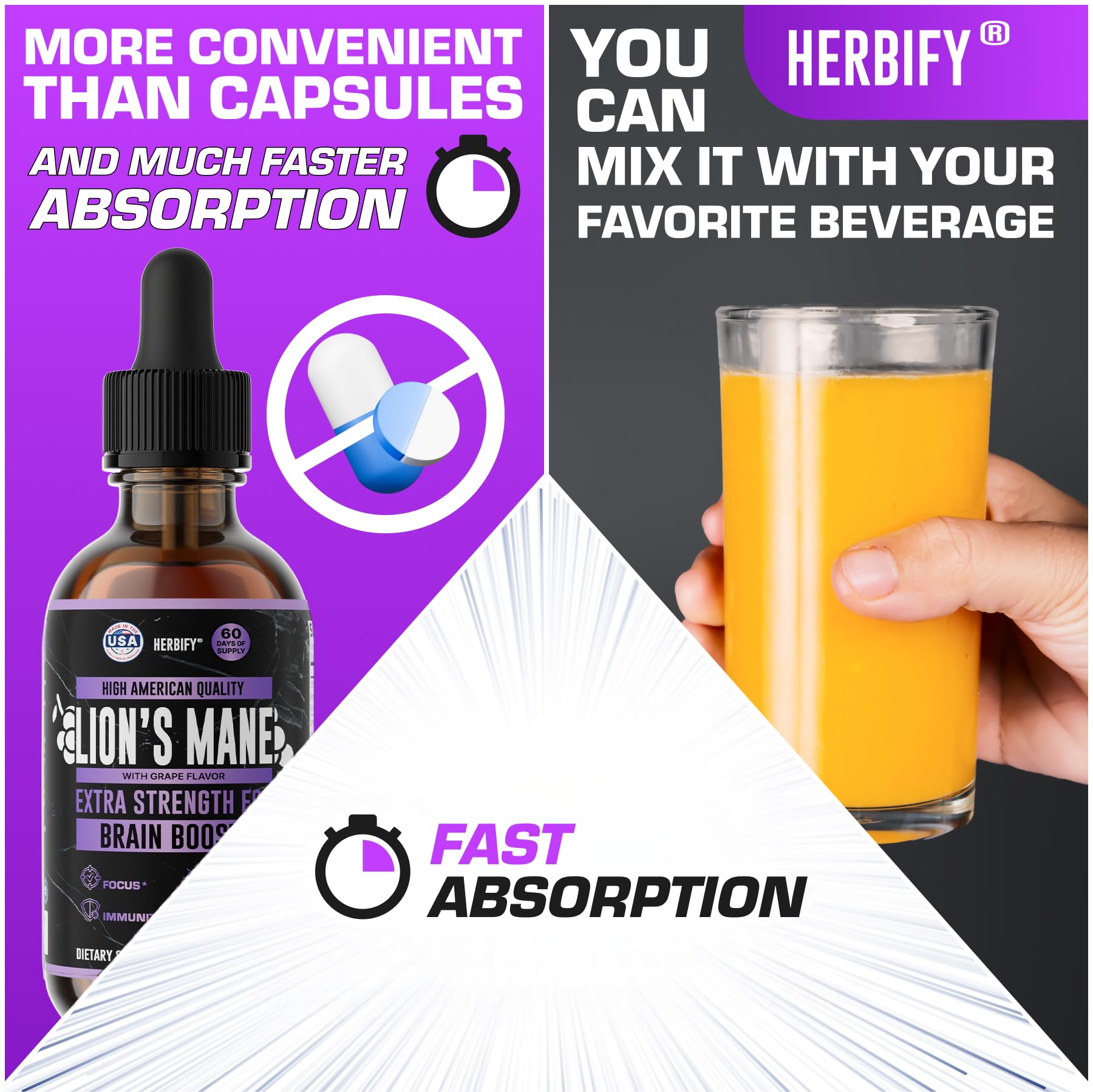 HERBIFY Lions Mane product highlighting USA-made quality and trusted sourcing.