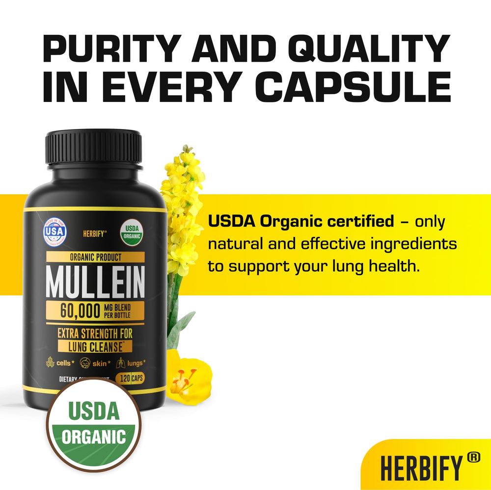 Herbify Mullein Capsules box highlighting organic ingredients and USA production