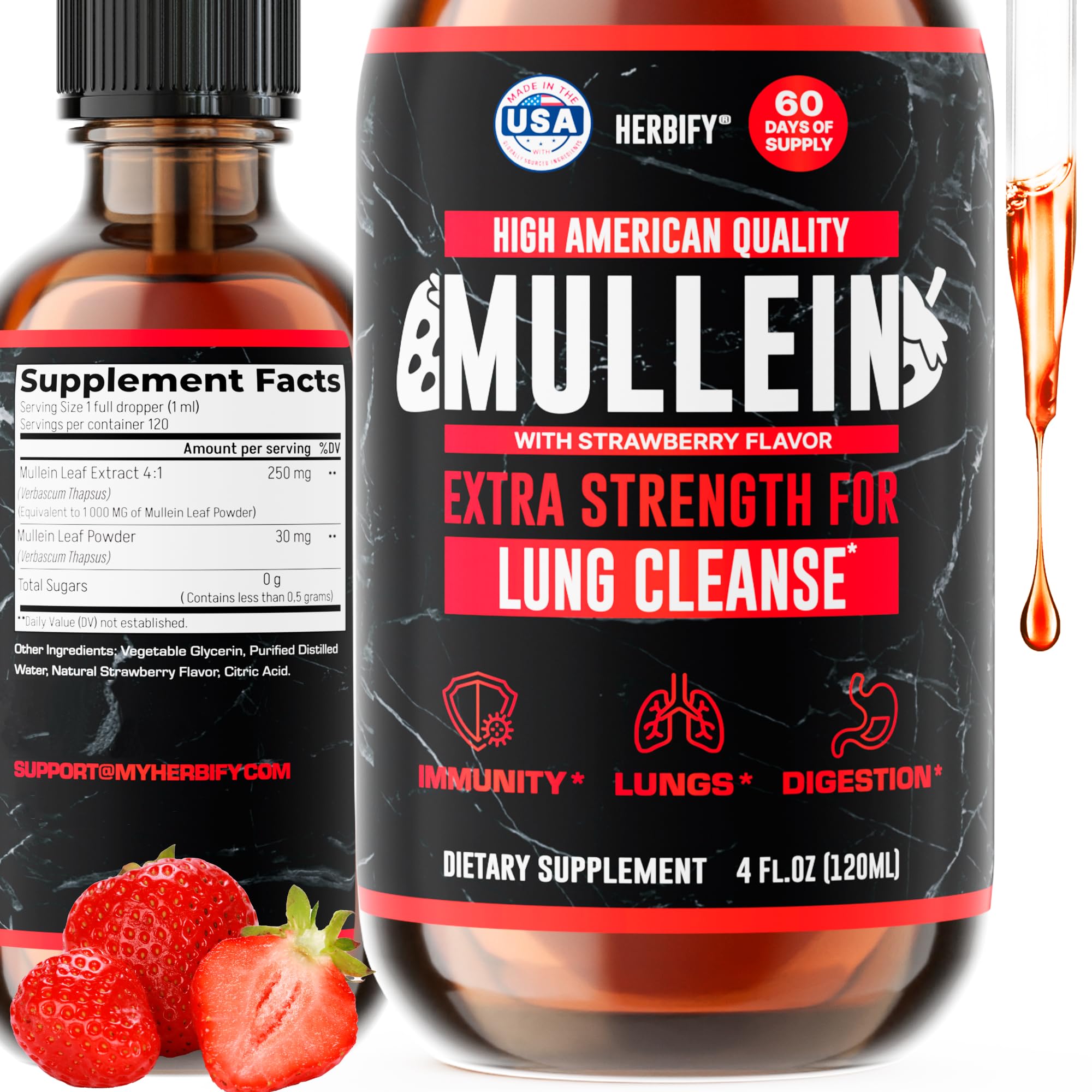 HERBIFY Mullein Drops bottle label highlights premium mullein extract for respiratory support.