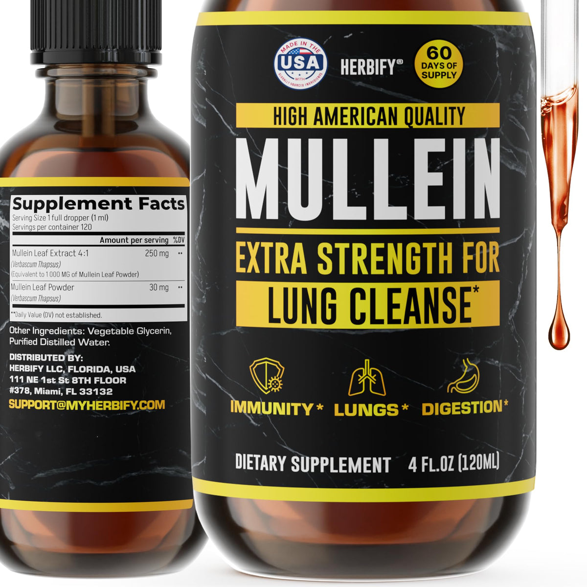 Herbify Mullein Drops bottle pour for easy dosing that may support respiratory comfort.