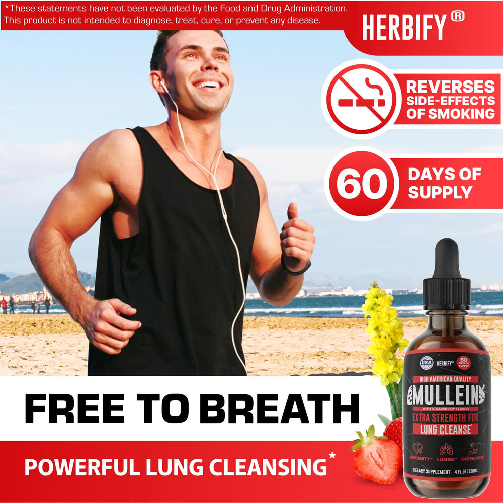 Liquid bottle with droplet dispenser of HERBIFY Mullein Drops for easy dosing.