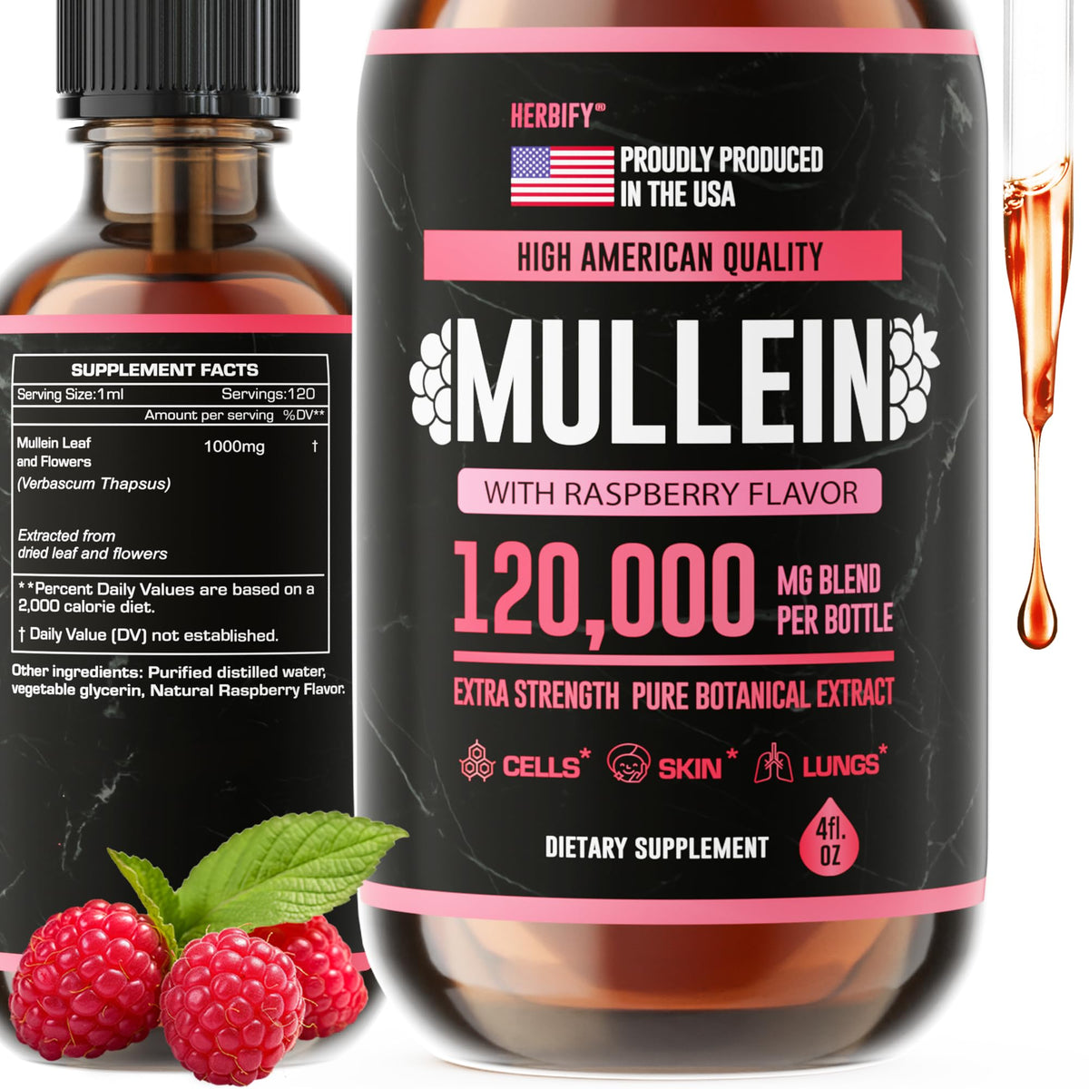 HERBIFY Mullein Drops raspberry bottle for respiratory support and daily use.