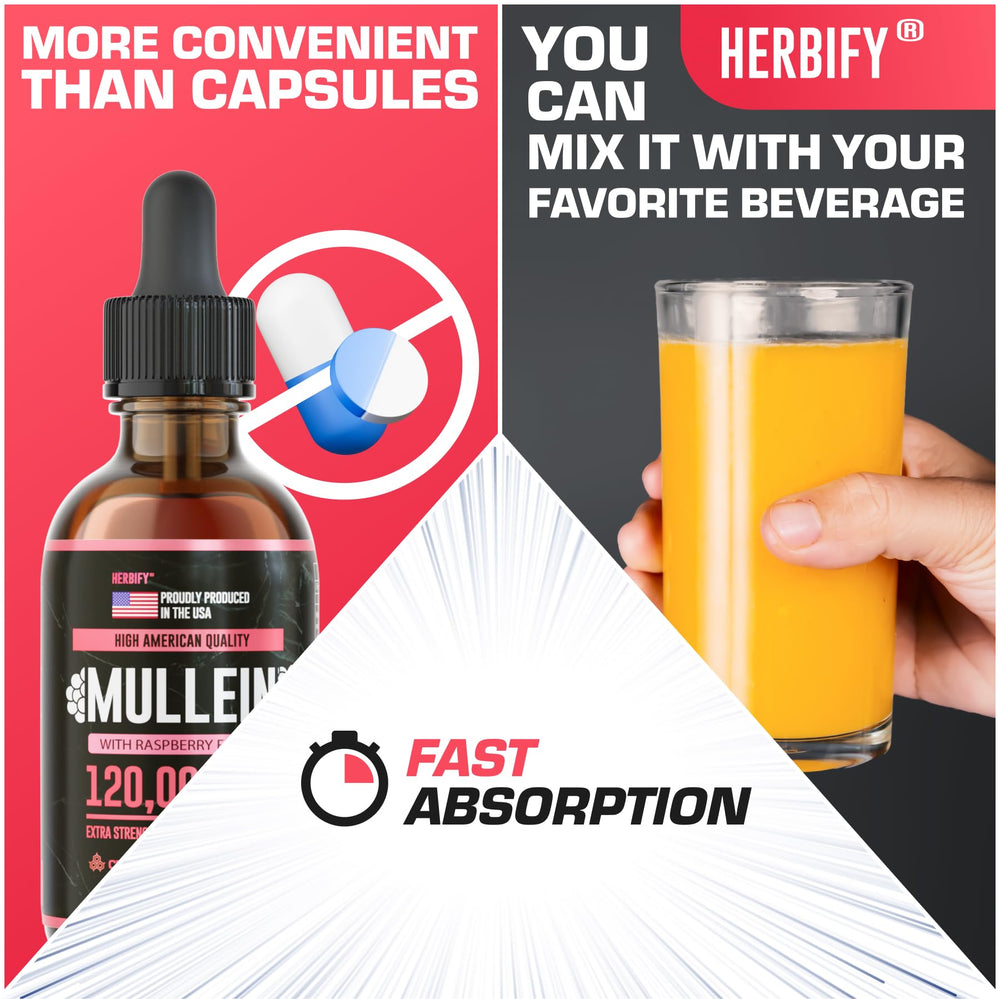HERBIFY Mullein Drops raspberry-flavor close-up highlights tasty daily wellness ritual.