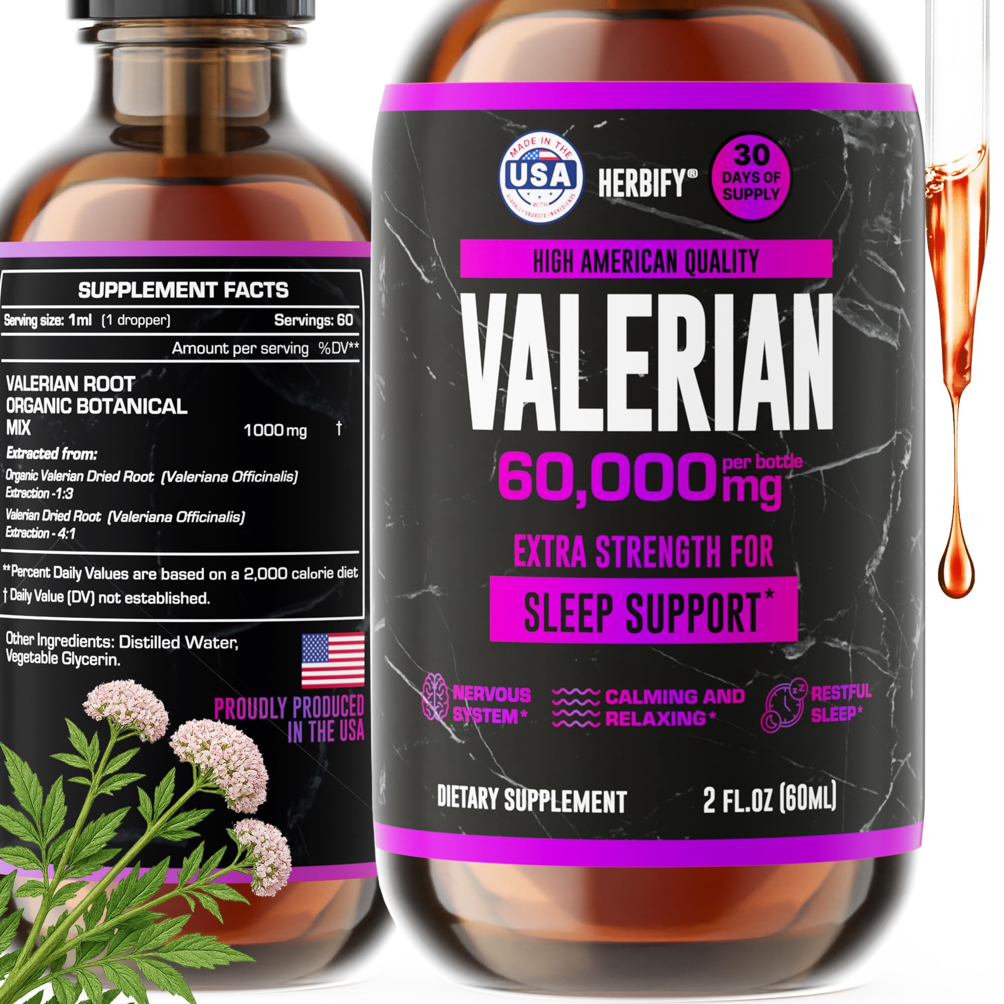 Herbify Valerian Root Tincture bottle promotes restful sleep.