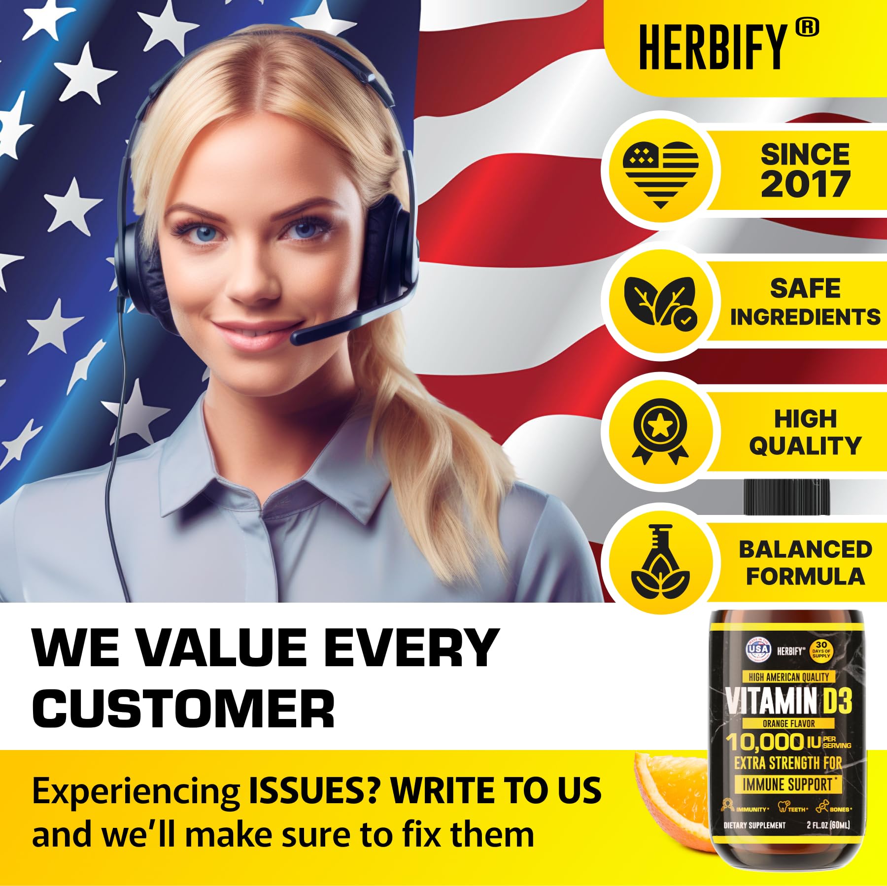 Two-ounce HERBIFY D3 bottle supports at-home supplementation.