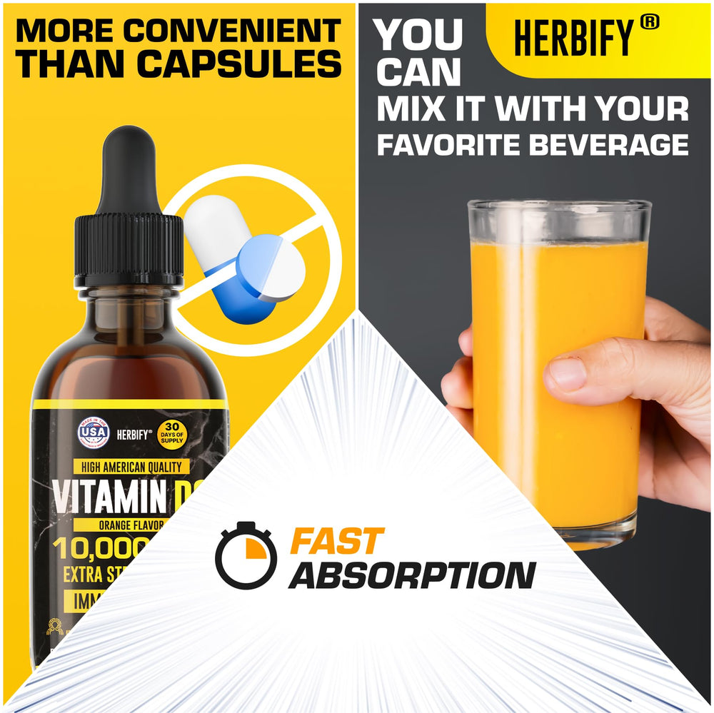 USA-made seal on HERBIFY Vitamin D3 10000 IU bottle.